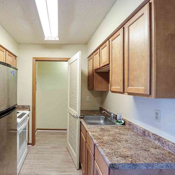 a kitchen with a black fridge and wooden cabinets.