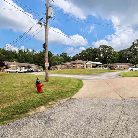 a street view of a residential area with houses and a fire hydrant.