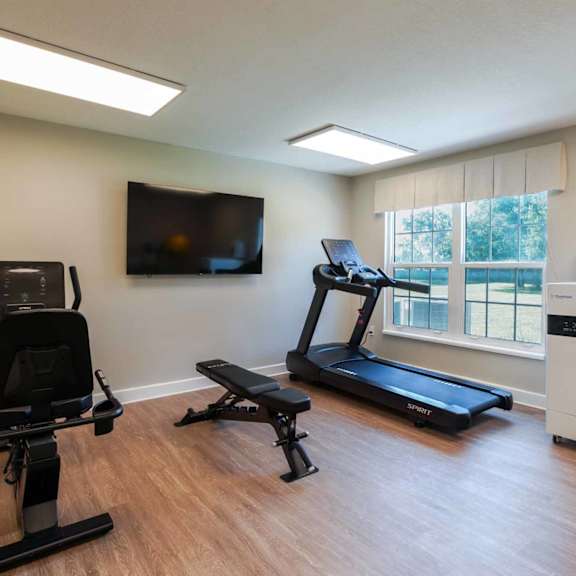 a home gym with a treadmill, rowing machine, and a television.