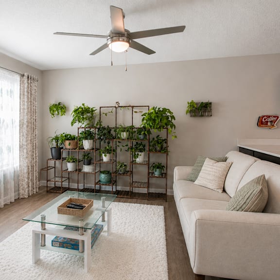 a living room with a white couch, a glass coffee table, and a ceiling fan.