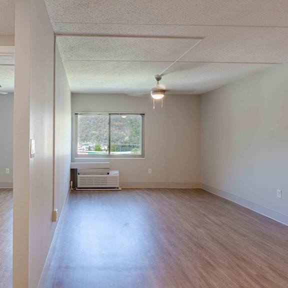 a room with a white ceiling and a window with a white sofa.