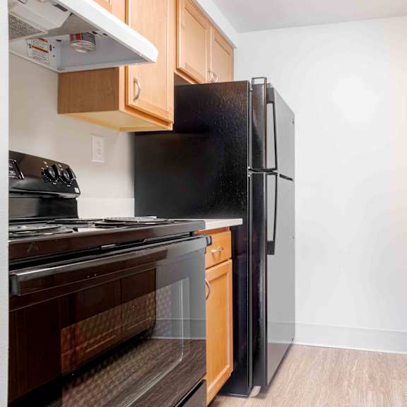 a kitchen with a black refrigerator and wooden cabinets.