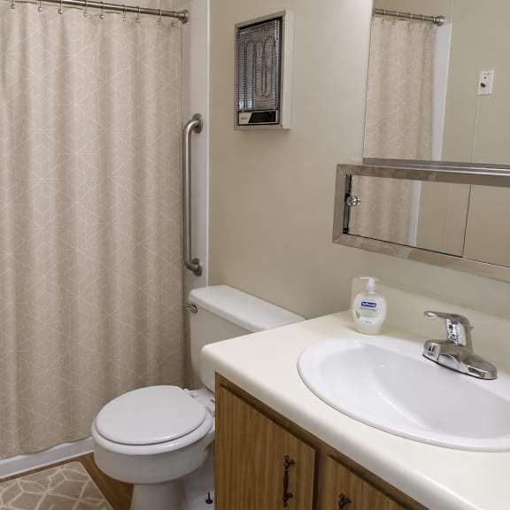 a bathroom with a toilet, sink, and shower curtain.
