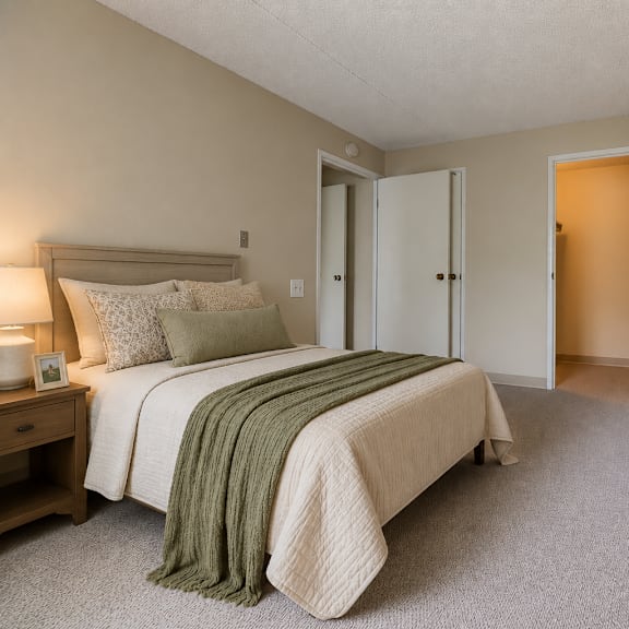 a bedroom with a bed, nightstand, and a mirror.