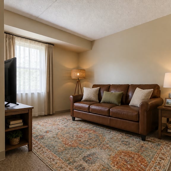 a living room with a brown leather couch and a rug.