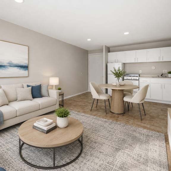 a modern living room with a white sofa, a coffee table, and a painting on the wall.