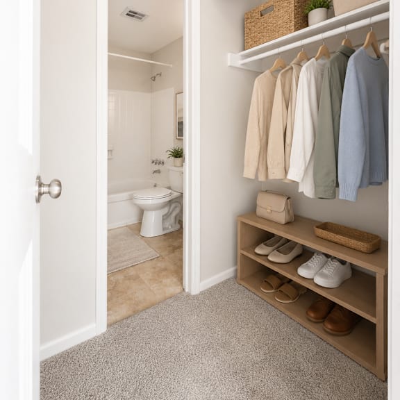 a white door opens to a bathroom and a closet with clothes and shoes.