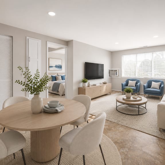 a modern living room with a round table and chairs.