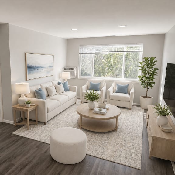 a modern living room with white furniture and a large window.