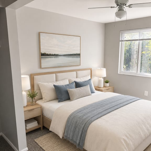 a bedroom with a large bed and a painting on the wall.