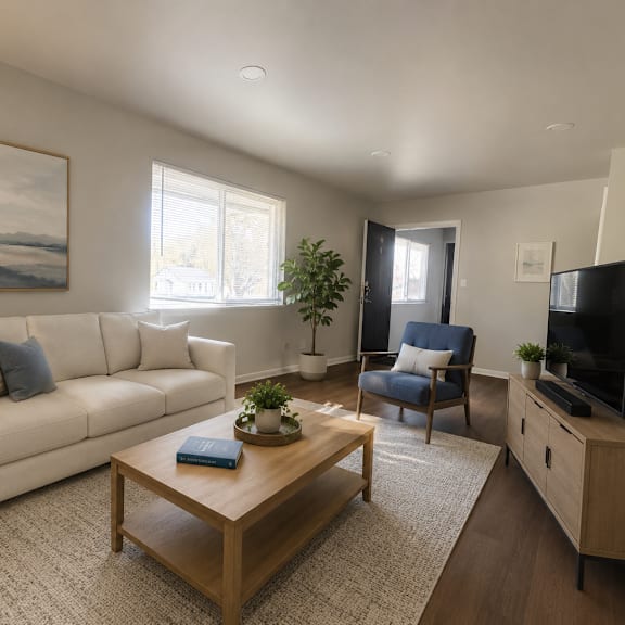 a living room with a white couch, a blue chair, a wooden coffee table, and a painting on the wall.