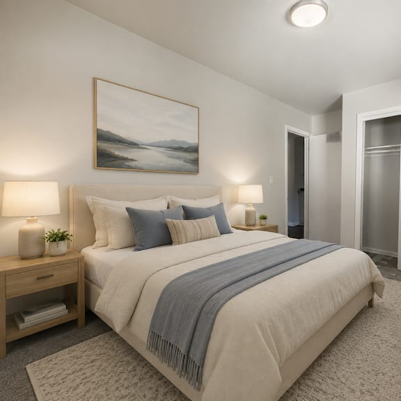 a bedroom with a large bed and a painting on the wall.