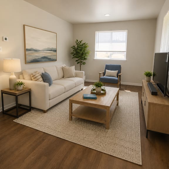 a living room with a white couch, a blue chair, a lamp, and a painting on the wall.