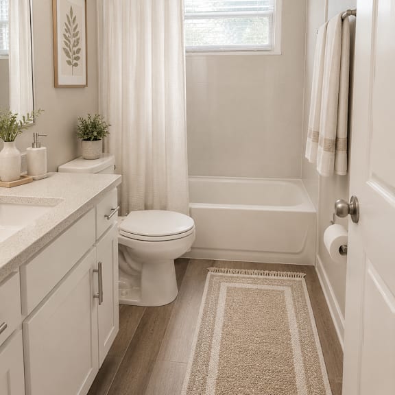 a white bathroom with a toilet, sink, and bathtub.