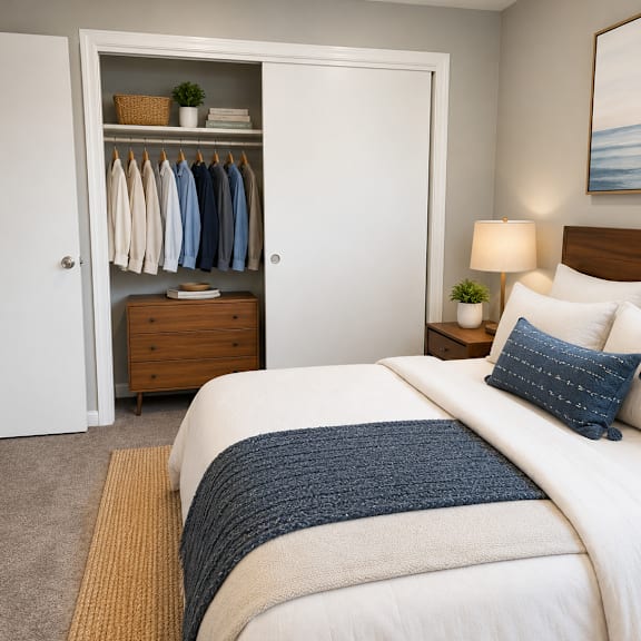 a bedroom with a bed, nightstand, and a closet with clothes hanging.