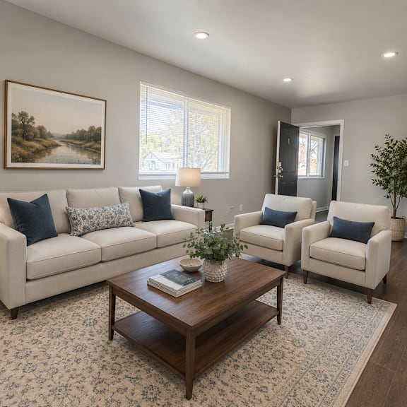 a living room with a large couch, two chairs, a coffee table, and a painting on the wall.
