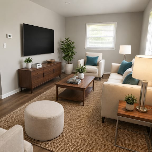 a living room with a large flat screen tv mounted on the wall.