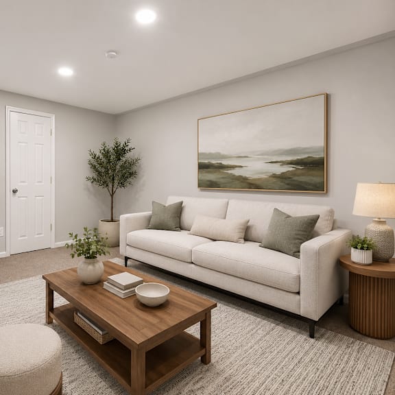 a living room with a couch, a coffee table, and a painting on the wall.