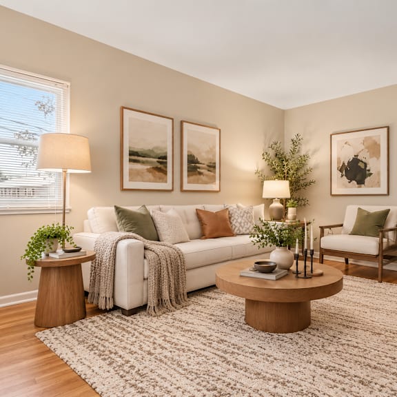 a living room with a white couch, a coffee table, and a rug.