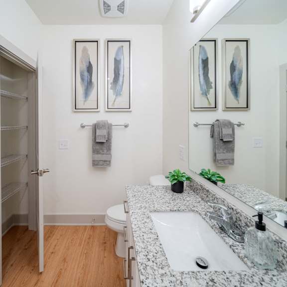 bathroom featuring a large vanity and a linen closet