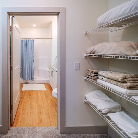 a walk in closet with shelves and a door to a bathroom