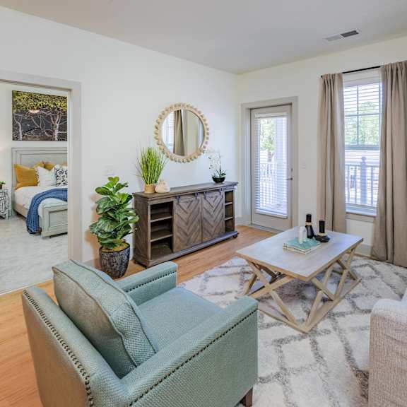 furnished living space of a one bedroom independent living apartment at arden at huntersville