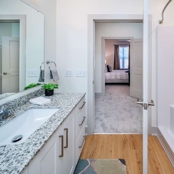 walk-in shower and a large vanity in a huntersville, nc, apartment home