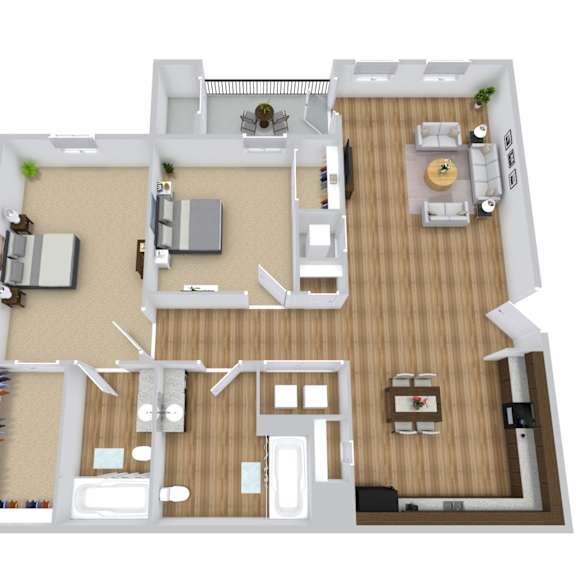 Thumbnail 1 of 3 A 3D floor plan of a 2 bedroom apartment