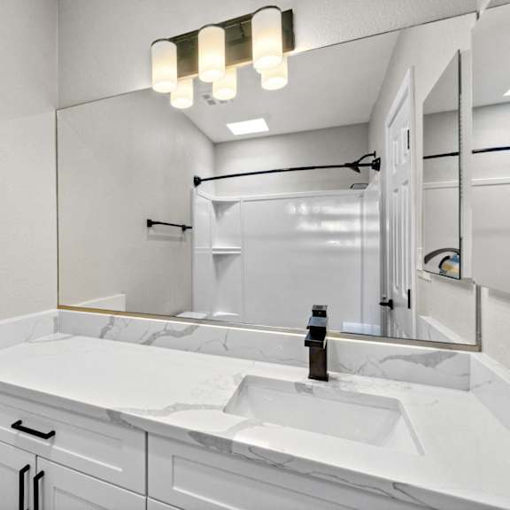 renovated bathroom at ocean breeze terrace apartment, huntington beach, ca, 92648