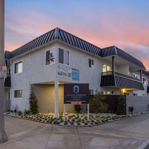 front of building at ocean breeze terrace apartment, huntington beach, ca, 92648