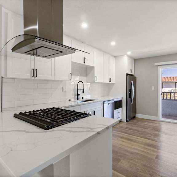 renovated kitchen area at ocean breeze terrace apartment, huntington beach, 92648