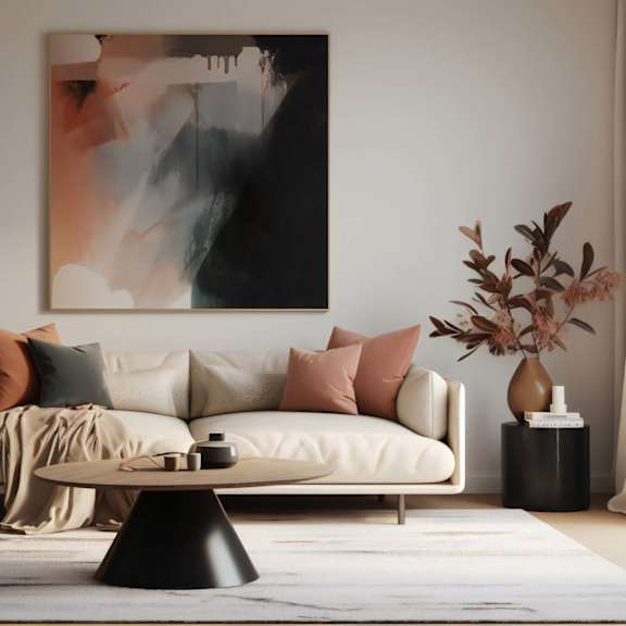 modern living room with abstract artwork at nineteen90 apartment homes, california, 92627