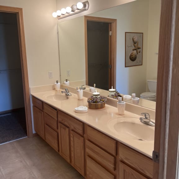 a bathroom with two sinks and a large mirror