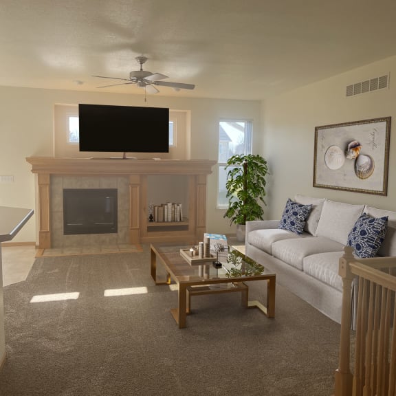 a living room with a couch and a coffee table