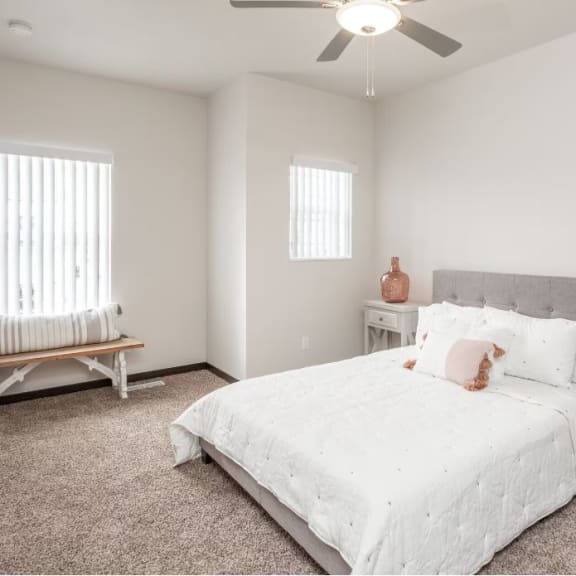 a bedroom with a bed and a ceiling fan