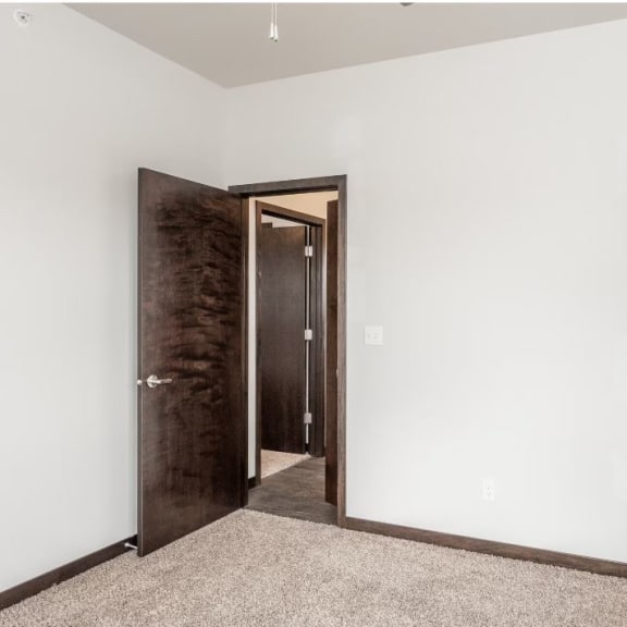 a hallway with two doors and a carpeted floor