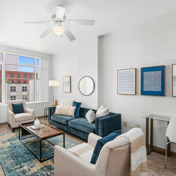 modern living room at pacific tower apartments, oregon