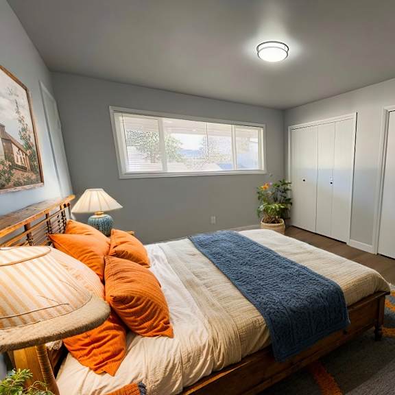 a bedroom with a bed, a window, and a lamp.