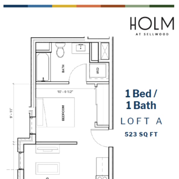 a floor plan for a 1 bed/1 bath loft sized at 523 square feet.