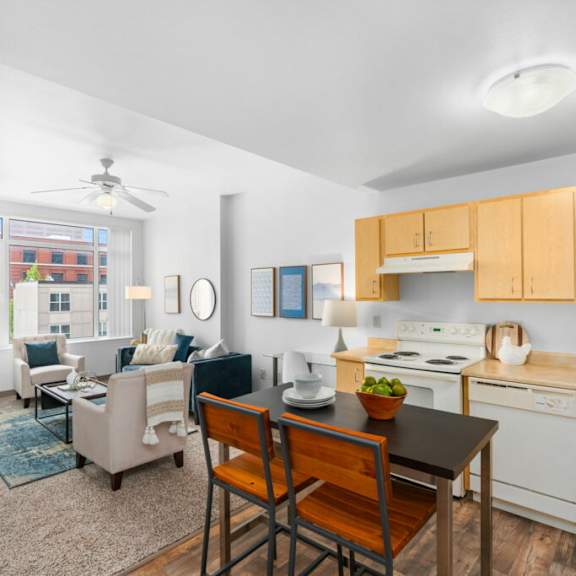 dining and kitchen at pacific tower apartments, oregon