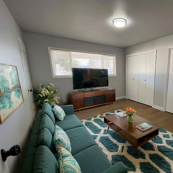 a living room with a green couch and a wooden coffee table.