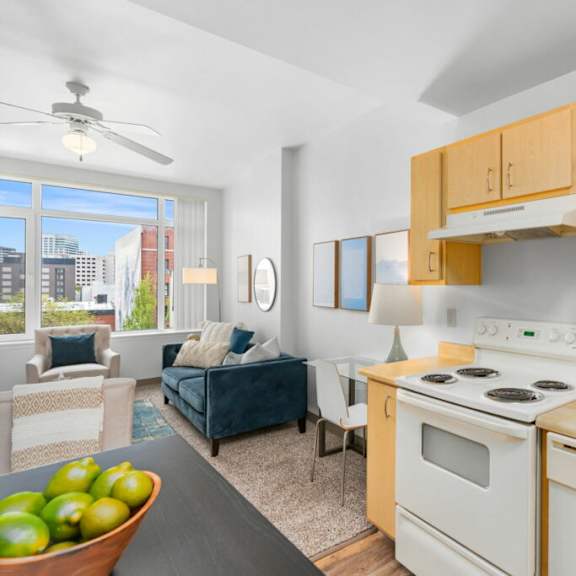white kitchen appliances at pacific tower apartments, oregon