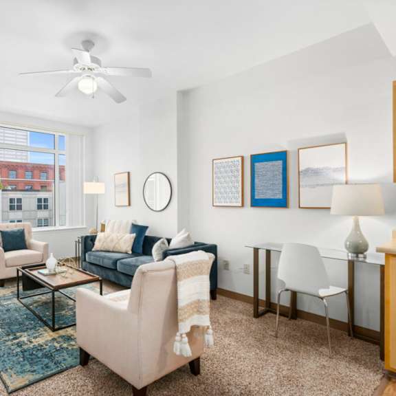spacious living room at pacific tower apartments, portland, oregon