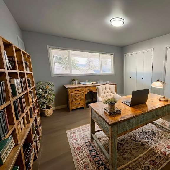 a room with a desk, laptop, and bookshelf.