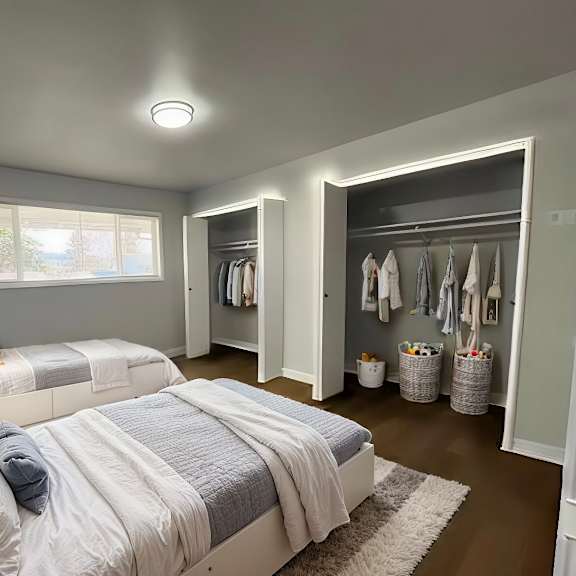 a bedroom with two beds and a walk-in closet.