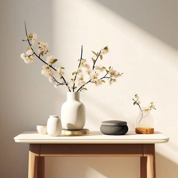 a table with a white vase and some flowers on it