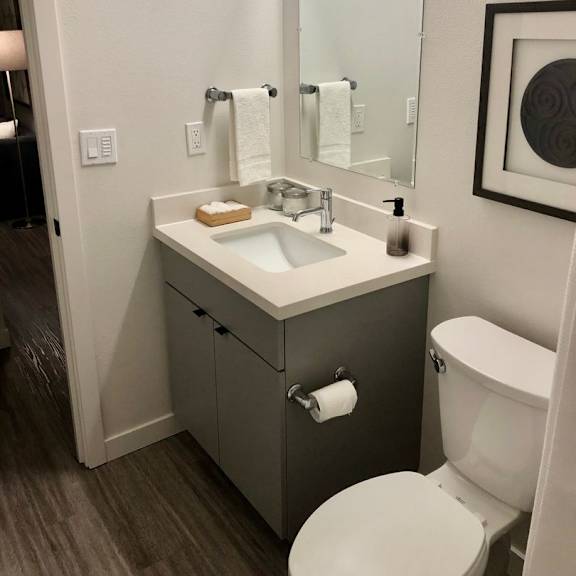 a bathroom with a toilet, sink, and mirror.