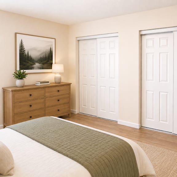 a bed with a black and white comforter and pillows is in the image.