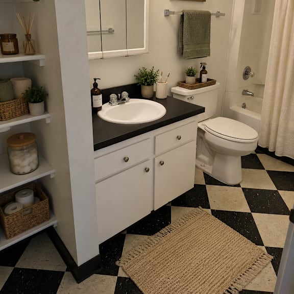 a bathroom with a black and white checkered floor.