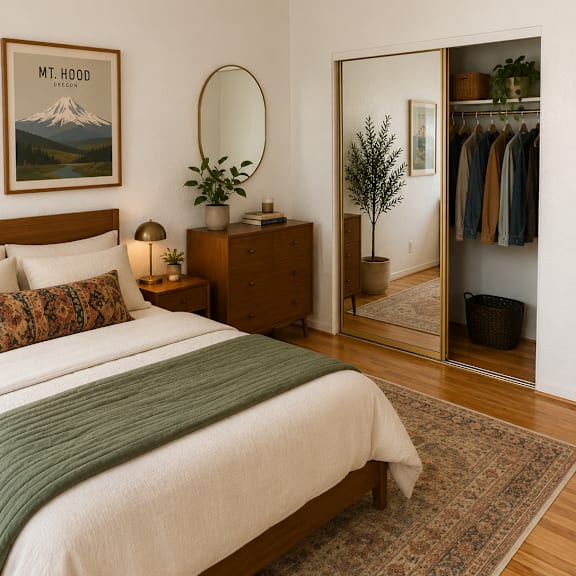 a bedroom with a bed, a dresser, and a mirror.